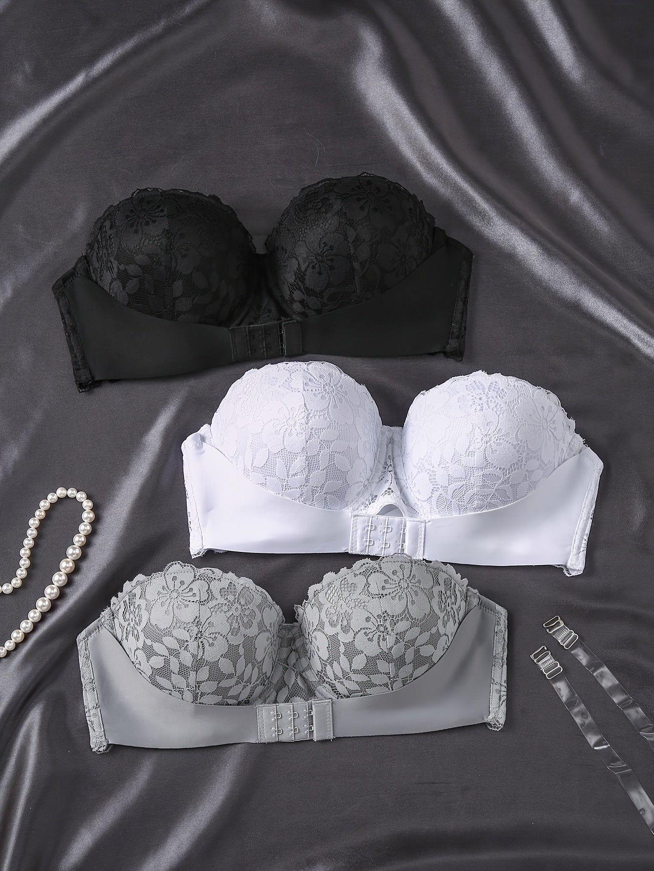3pcs Women's Sexy Lace Strapless Bandeau Bras - Invisible Front Closure, Push-Up Support
