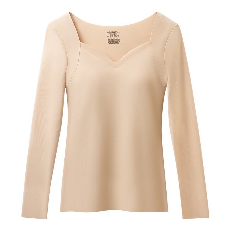 Women's Seamless Skin-Tone Thermal Top with Built-in Bra, Ultra-Thin Low Round Neck