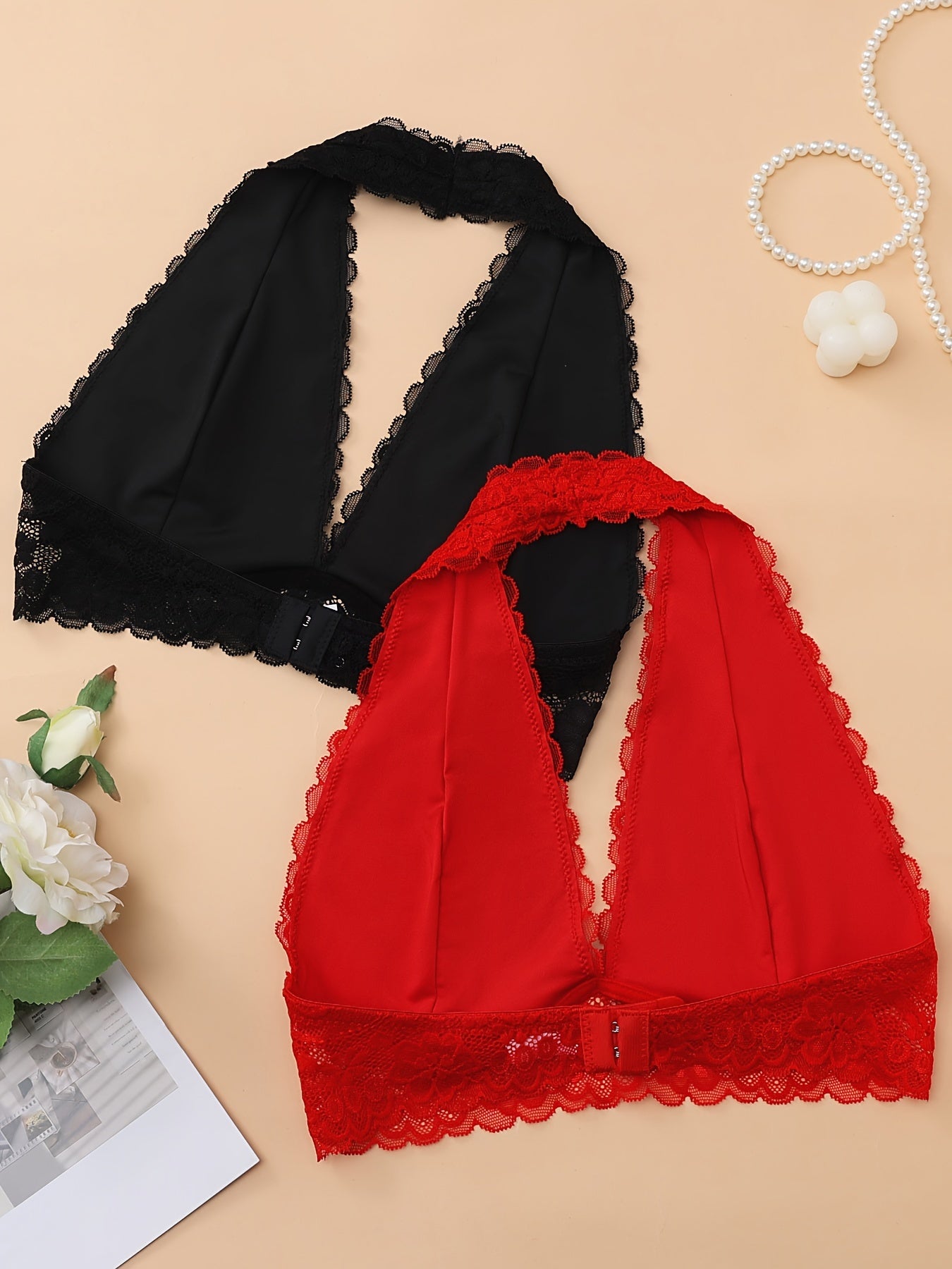 2pcs Solid Lace Halter Bras - Comfy, Breathable Women's Lingerie