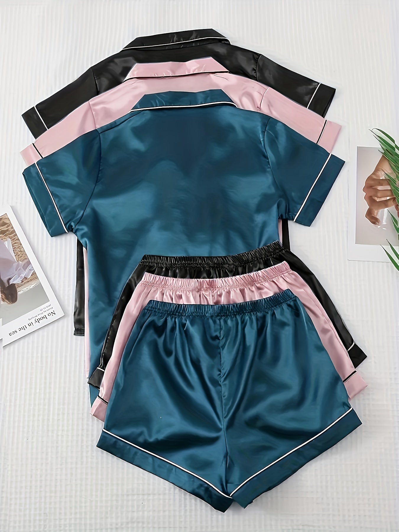 3 Sets Satin Pajamas Set, Short Sleeve Lapel Buttons Top & Bow Shorts, Women's Sleepwear & Loungewear