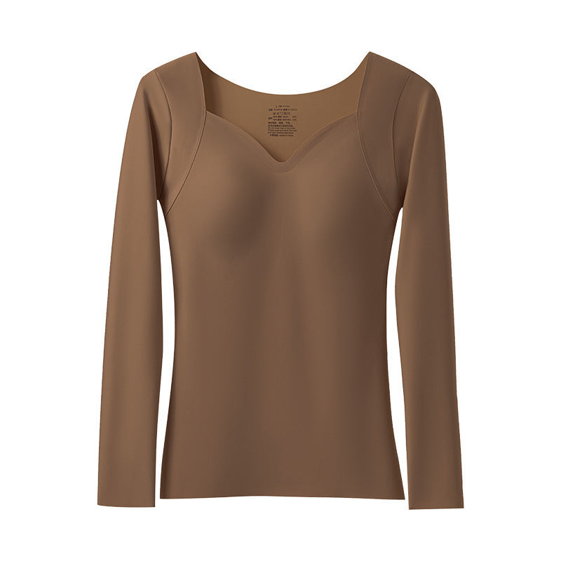 Women's Seamless Skin-Tone Thermal Top with Built-in Bra, Ultra-Thin Low Round Neck