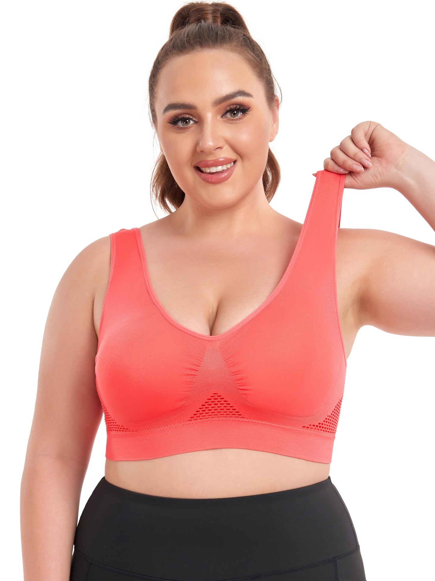 Plus Size Women's Breathable Eyelet Push Up Sports Bra for Running & Yoga Workouts