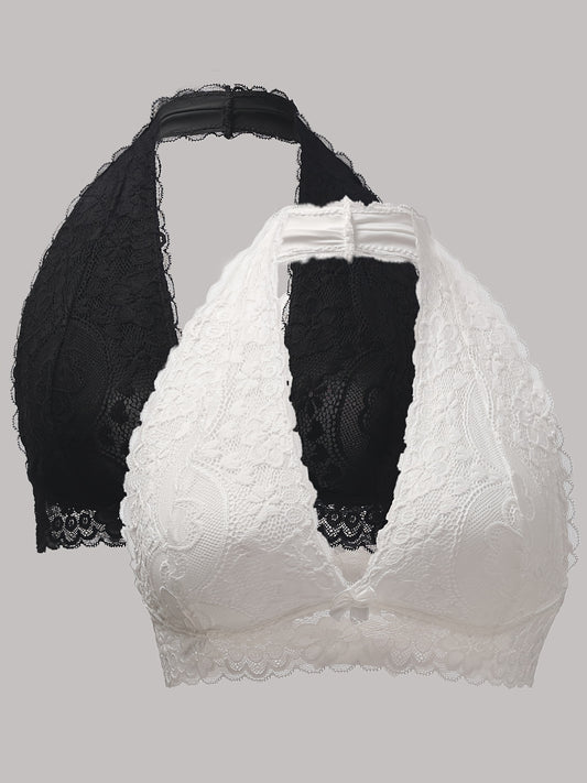 2pcs Solid Lace Halter Bras - Comfy, Breathable Women's Lingerie