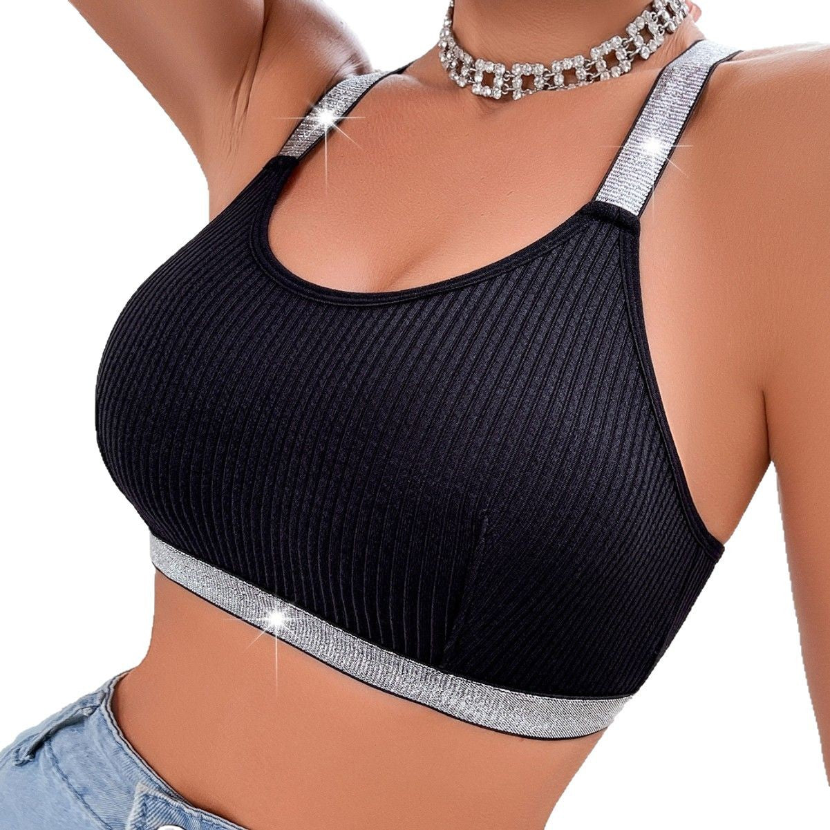 Women's Y-Back Push-Up Bra: Side Support, Outerwear Style with Silver Ribbon