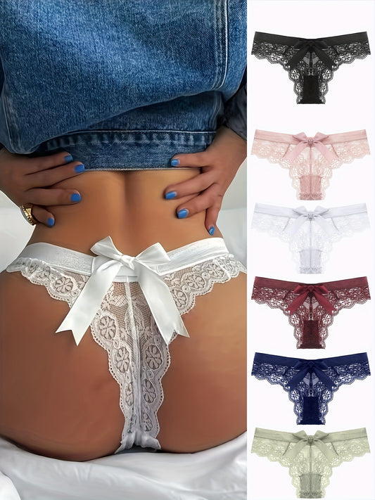 6-teilige Damen-String-Unterwäsche mit floraler Spitze – niedrig sitzender, atmungsaktiver, nahtloser V-String mit Schleifendetail