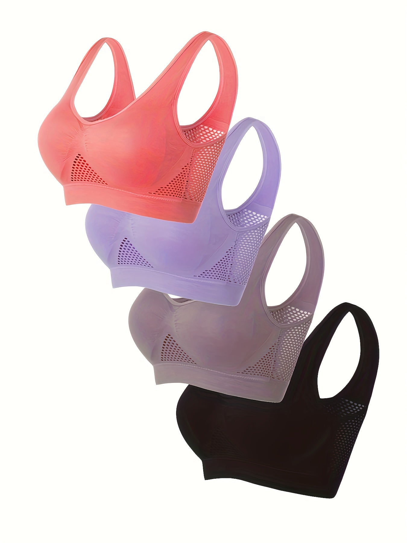 4 Pack Plus Size Sports Bra Set, Women's Plus Solid Comfort Medium Stretch Breathable Fitness Gym Bra 4pcs Set