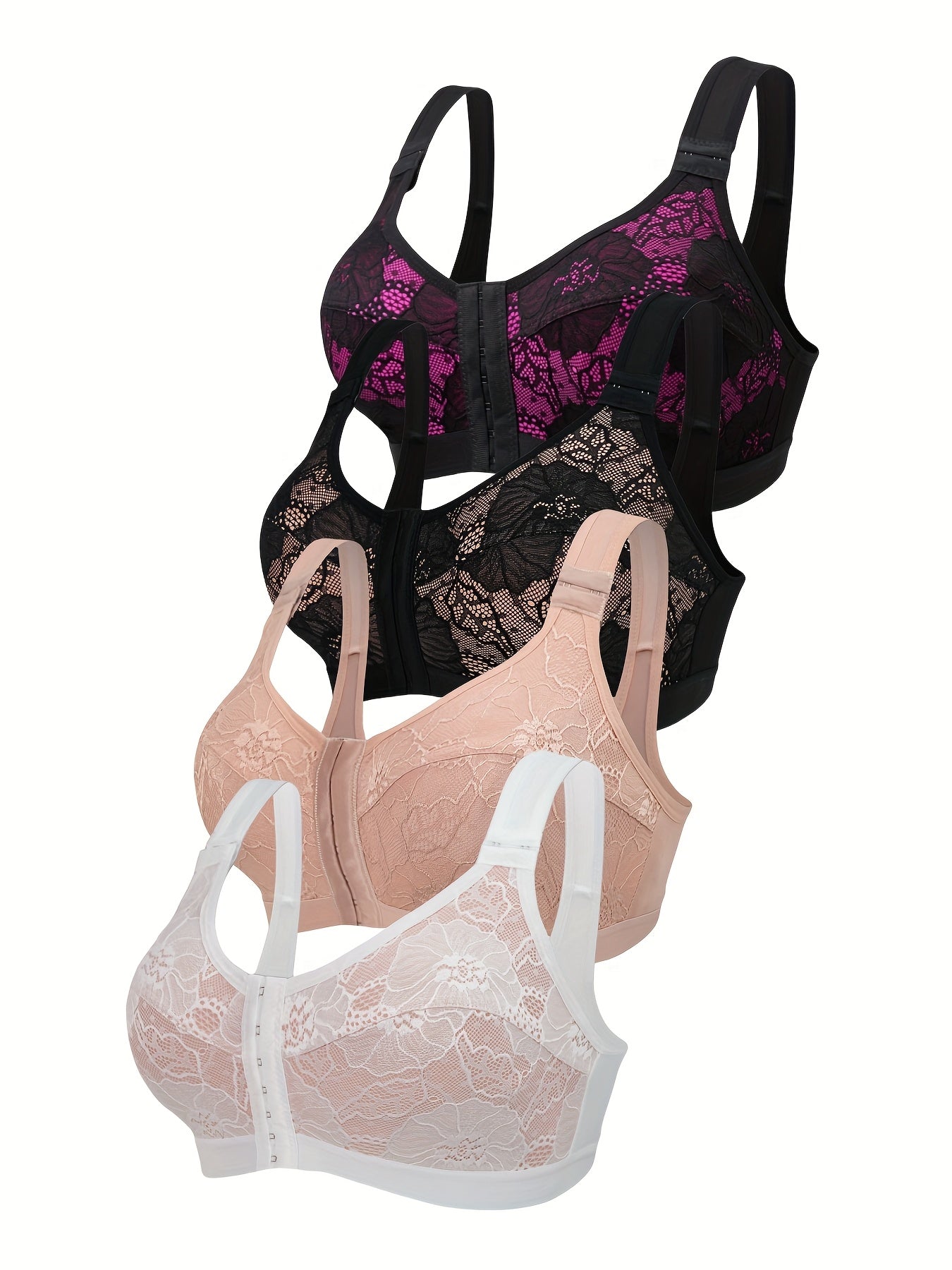 4-Pack Women's Seamless Bras: Wireless, Lace Straps, No Padding, Medium Support