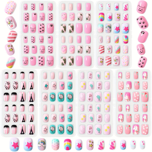 168-Piece 7-Set Self-Adhesive Kids Press-On Nails Kit - Diverse Patterns, Premium Acrylic, Fun for Girls
