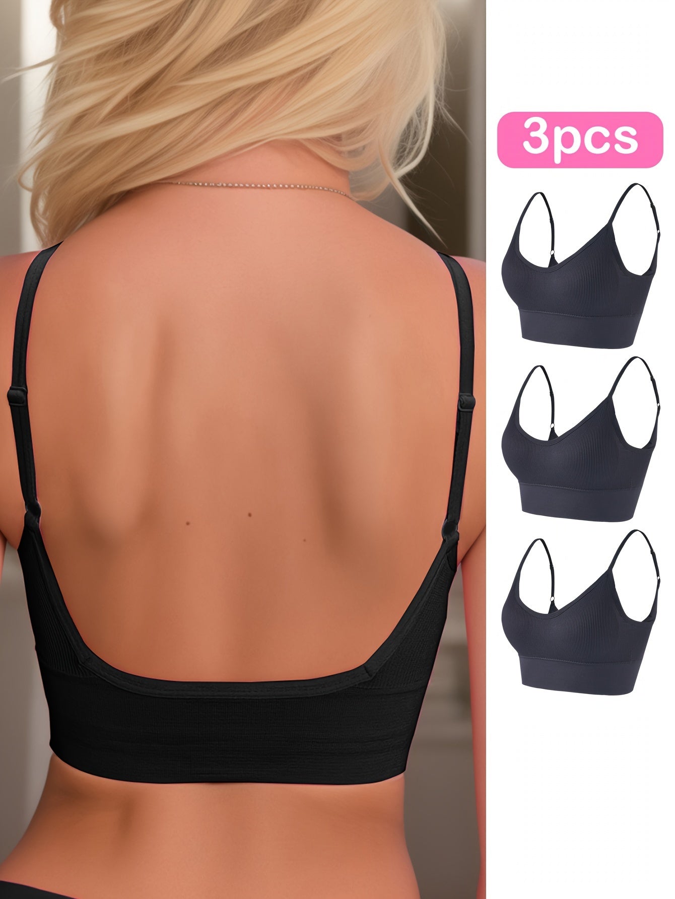 3pcs Solid Ribbed Sports Bra, Comfy & Breathable Fitness Workout Intimates Bra, Women's Lingerie & Underwear