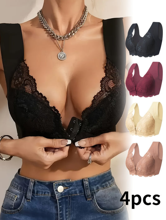 Comfortable 4-pack Elegant Floral Lace Push-up Bra - Medium Support, Fashion Front Opening