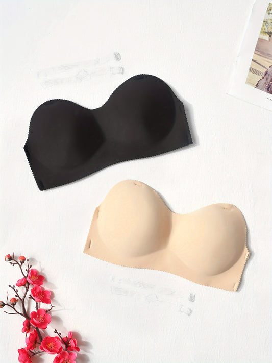 2 Pcs Solid Strapless Push Up Bra - Comfy, Stretch & Invisible - Women's Lingerie