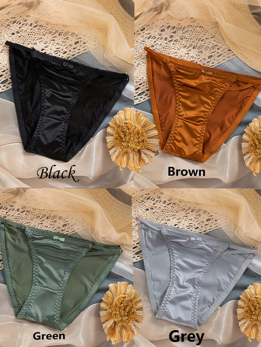 4 Stück solide Satin-Slips – sexy Damen-Dessous mit niedriger Taille und Herzring
