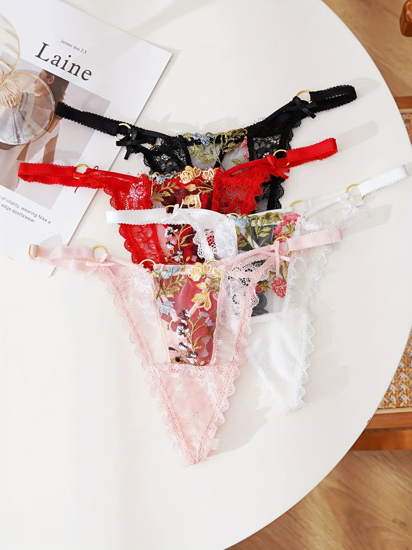 4-Pack Floral Lace Thongs: Adjustable Waist, See-Through Bow Detail