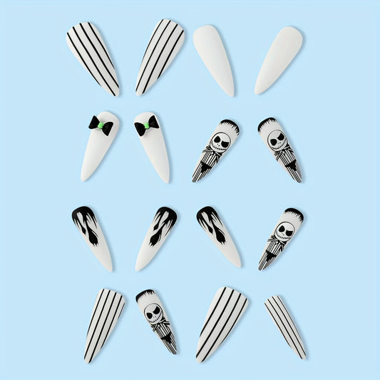 24 Pcs Halloween Black & White French Press-On Nails with Skeleton Design, Rhinestones - Reusable for Women