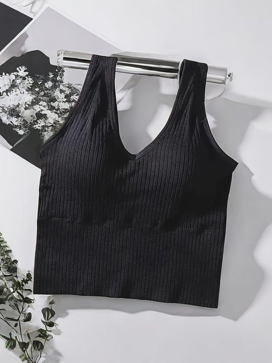 Girl's Ribbed High Elasticity Bra Tank Top, With A V-neck Design, Stylish And Comfortable Without Steel Ring, Suitable For Ages 11-15.