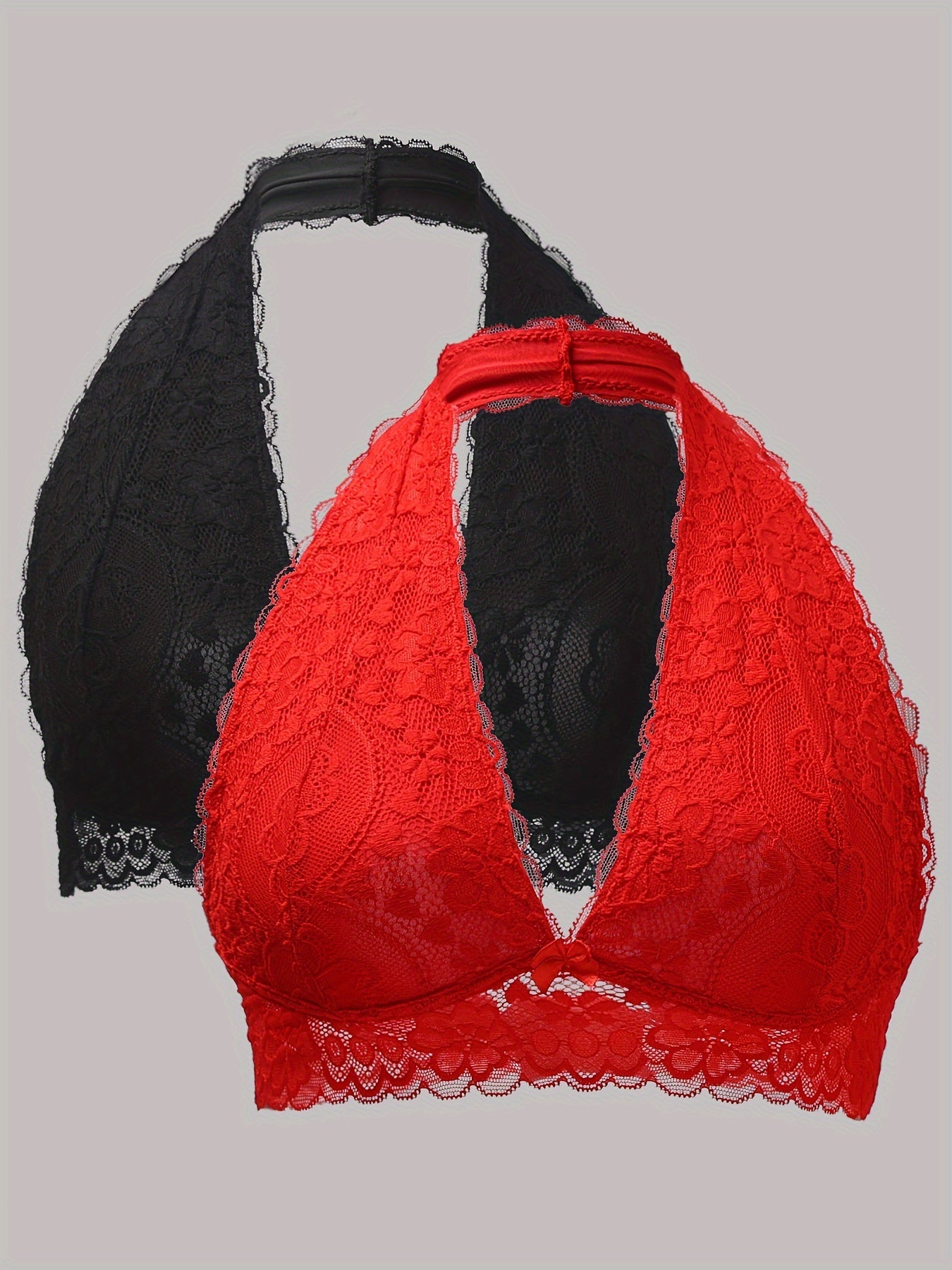 2pcs Solid Lace Halter Bras - Comfy, Breathable Women's Lingerie