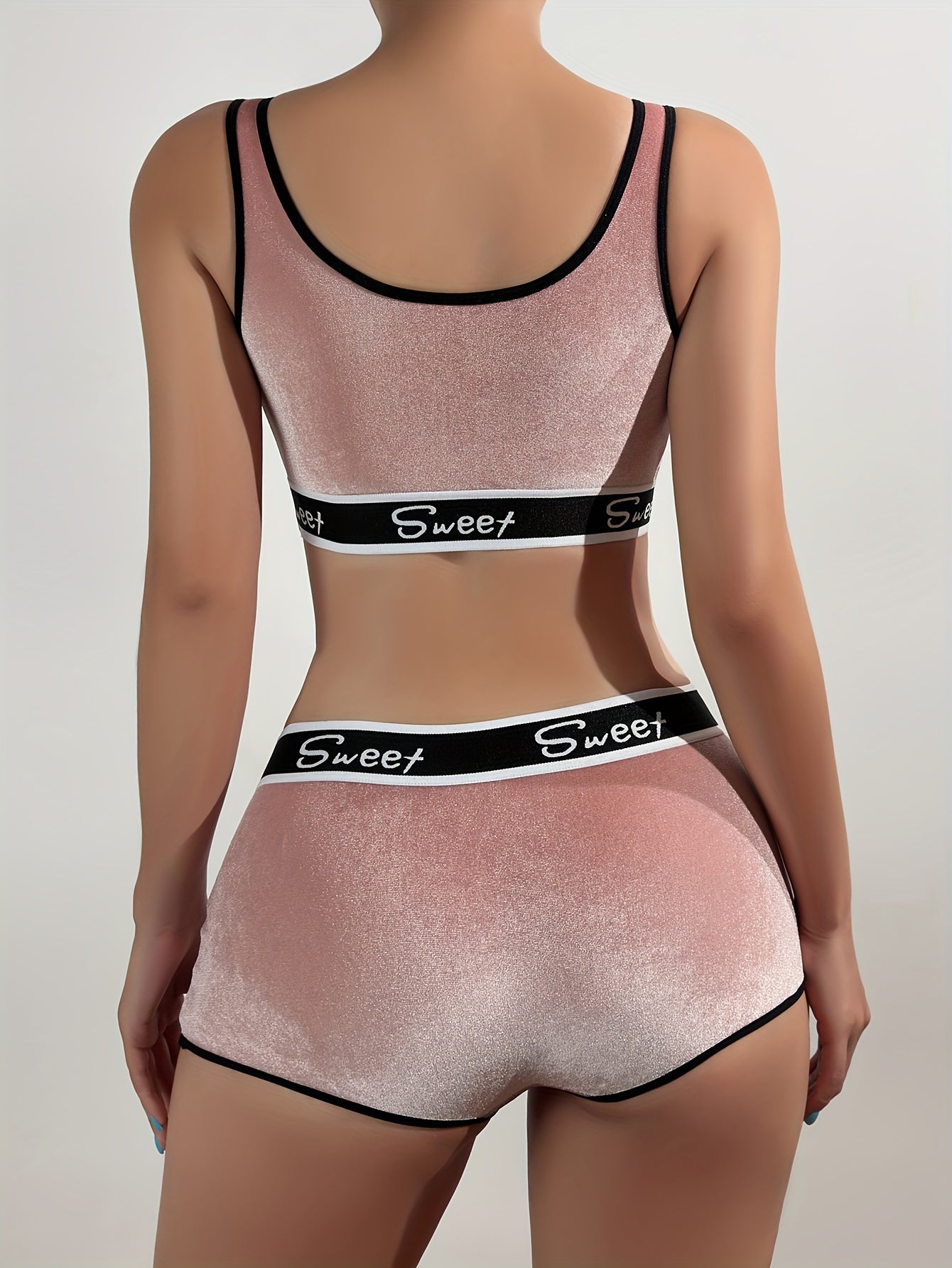 Women's Velvet Color Block Print Lingerie Set - Tank Bra & Boyshorts for Fall/Winter Sleepwear