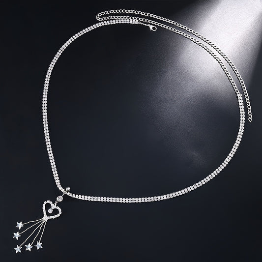 Sexy Rhinestone European and American Fashion Belly Ring Waist Chain - Silvery-colored Tassel Heart Body Chain Accessory