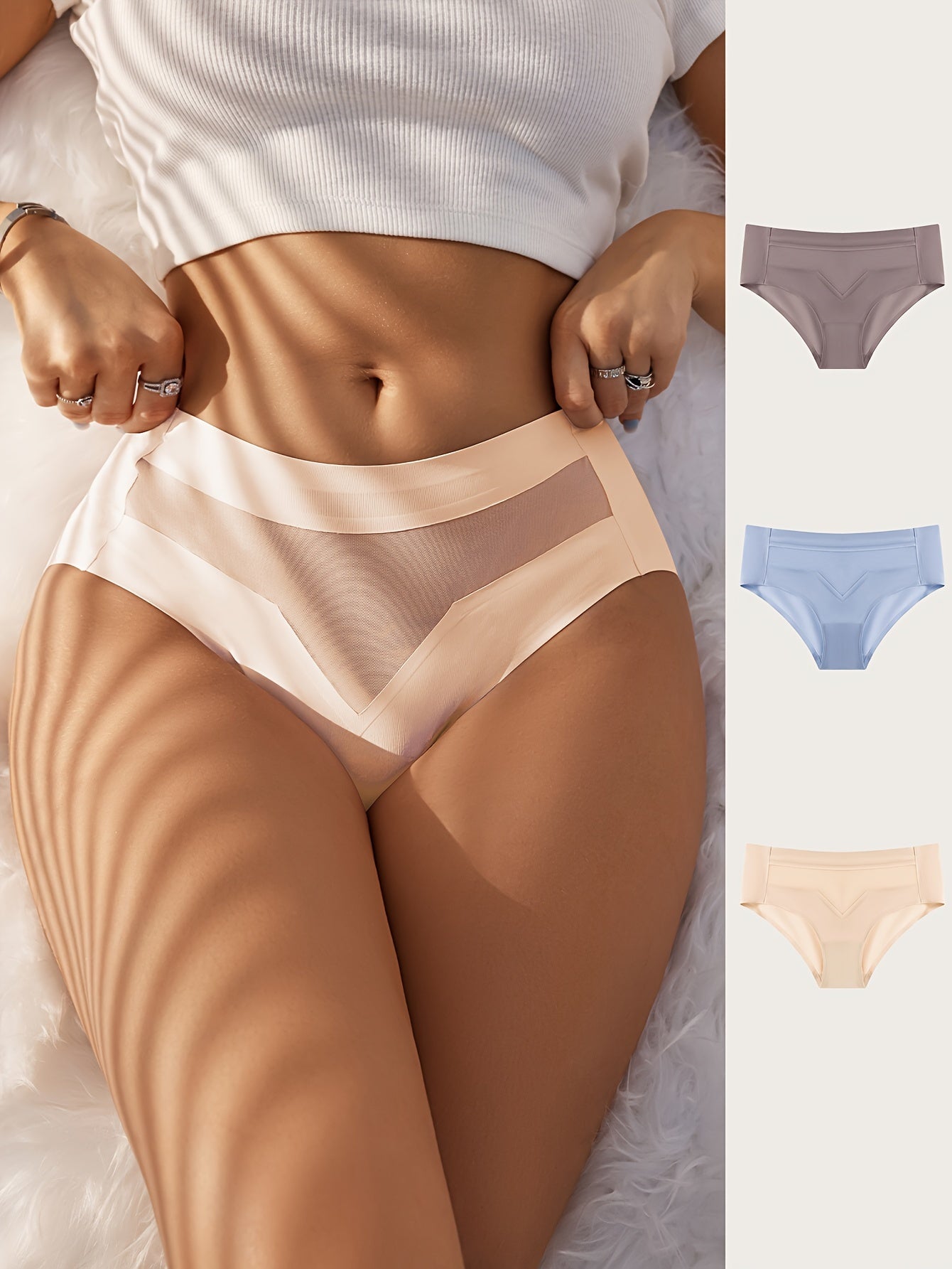 3 Pcs Sexy Panties, Mesh Contrast Semi Sheer Plain Intimates Briefs, Women's Lingerie & Underwear