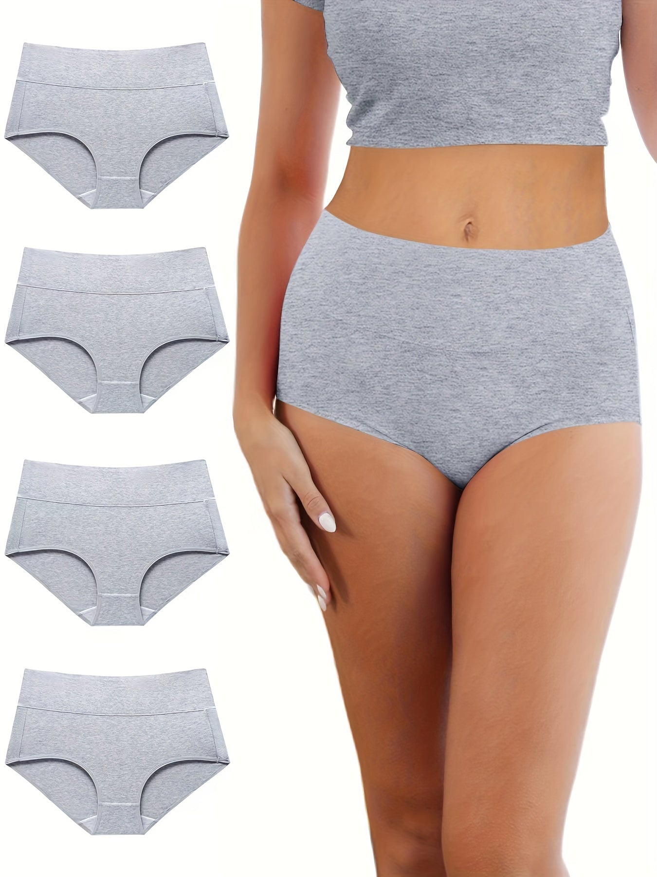 4-teiliges Damen-Höschenset in Übergröße – einfarbig, elastischer Bund, hohe Taille und atmungsaktive Unterwäsche