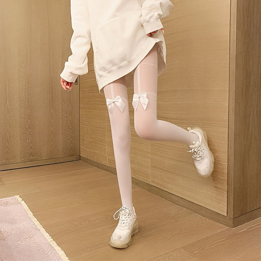 Bow Knot Decor Two Tone Faux Suspender Tights - Women's Semi Sheer Slim Fit Footed Pantyhose