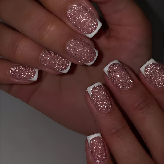 24 Pcs Glossy Medium Square Pink & White French Tip Press On Nails - Reusable for Women