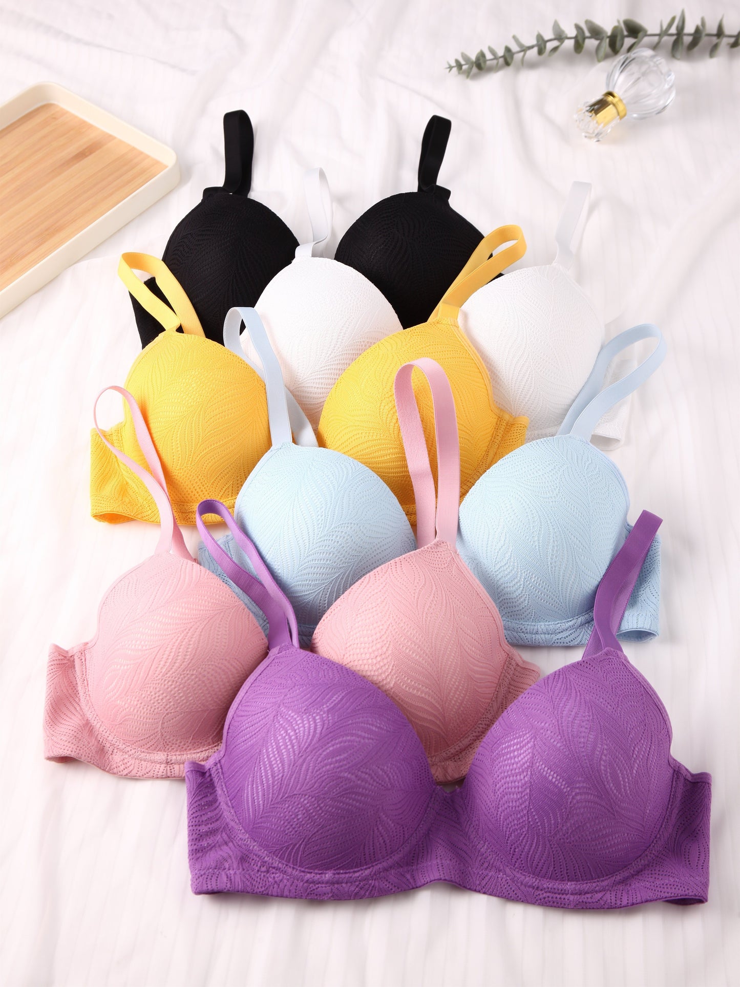6pcs Solid Jacquard Bra Set - Push Up & Breathable
