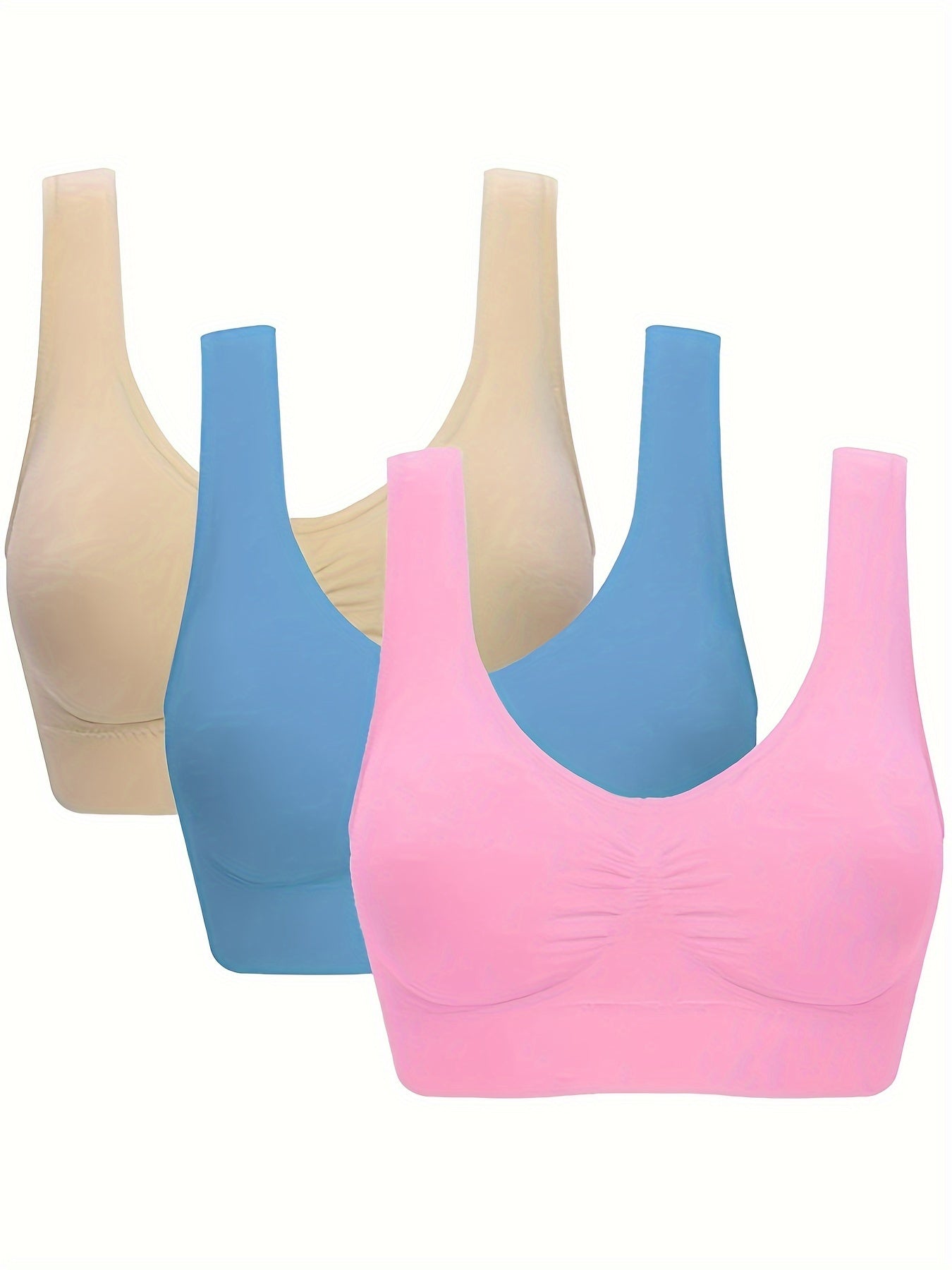 3Pcs Women's Seamless Wireless Solid Color Sports Bra Set - Comfy Round Neck & Sporty Design