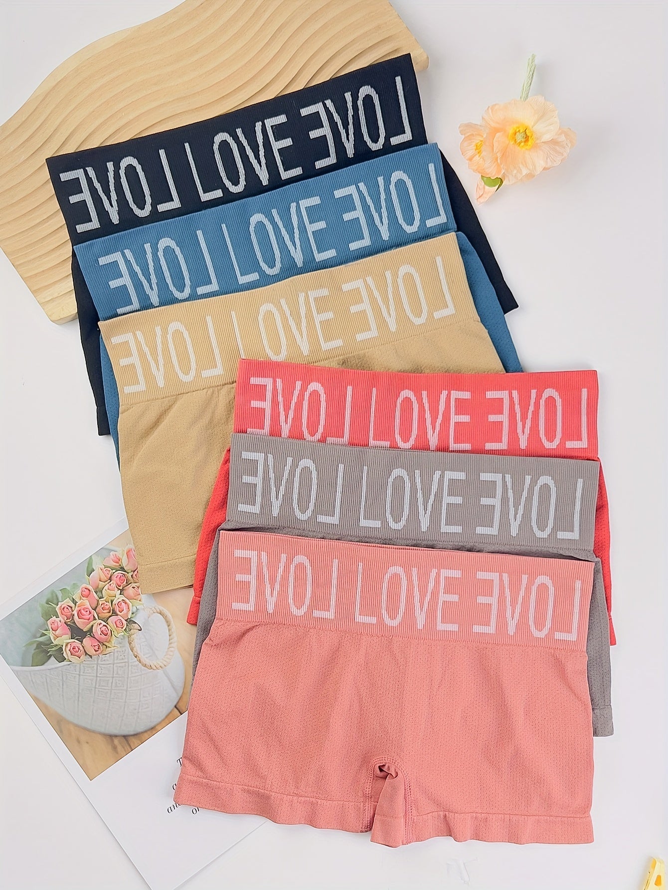 6 - Piece Seamless Letter Print Boyshorts - Comfy, Breathable & Stretchy Women's Underwear