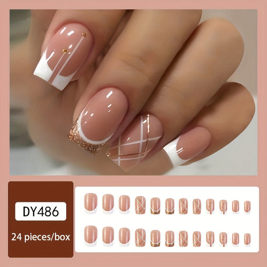 24pcs White French Tip Press On Nails - Square, Glossy, with White & Golden Line Design for Women & Girls