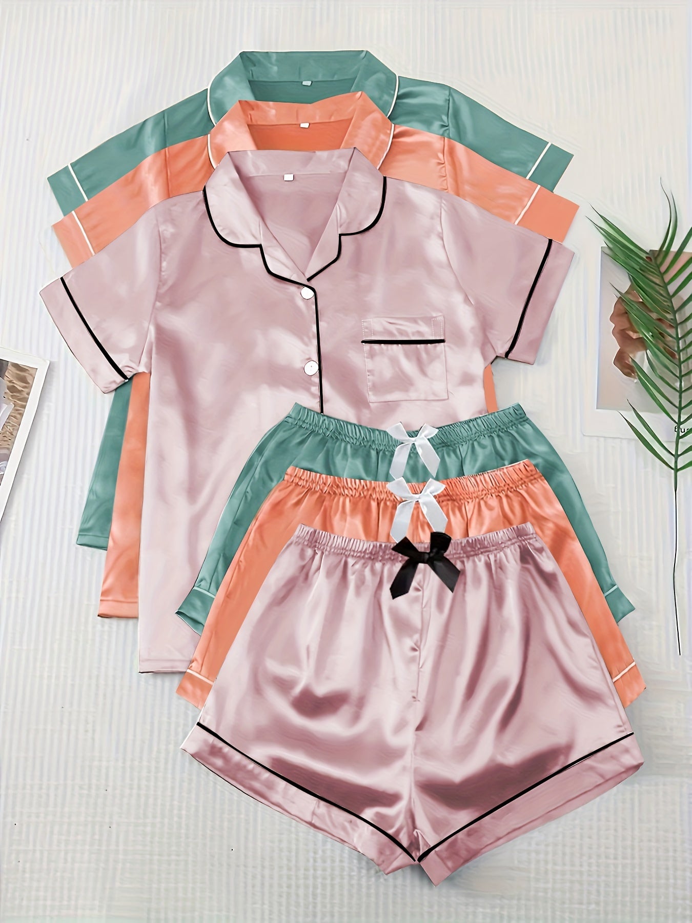 3 Sets Satin Pajamas Set, Short Sleeve Lapel Buttons Top & Bow Shorts, Women's Sleepwear & Loungewear