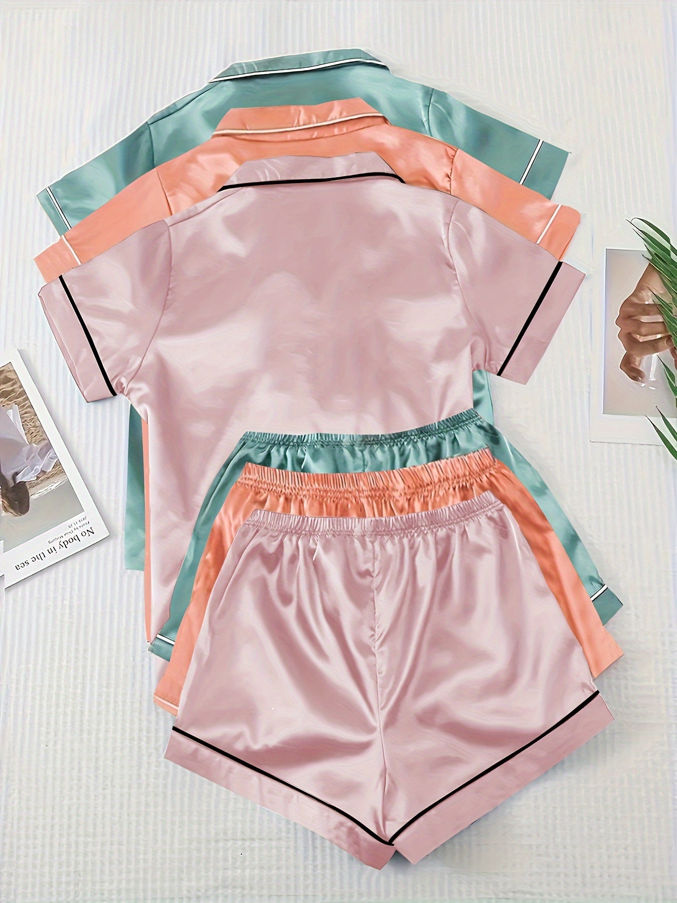 3 Sets Satin Pajamas Set, Short Sleeve Lapel Buttons Top & Bow Shorts, Women's Sleepwear & Loungewear
