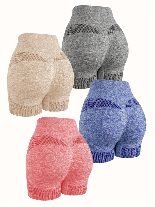 4pcs High Waist Butt Lifting Seamless Yoga Shorts, High Stretch Running Fitness Sports Shorts, Women's Activewear