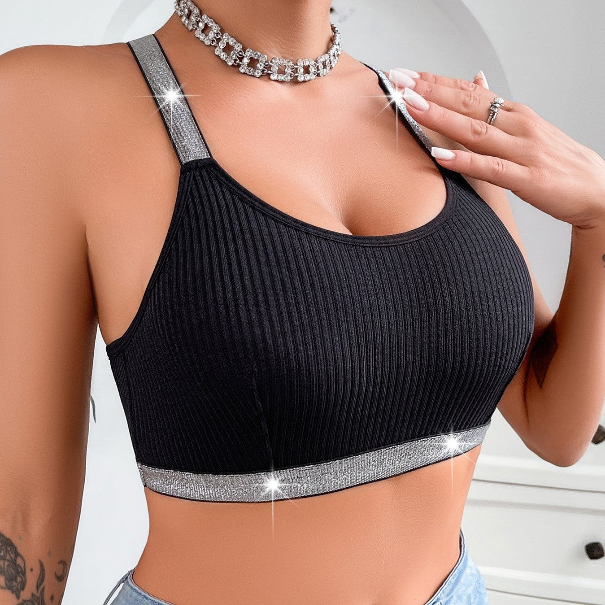 Women's Y-Back Push-Up Bra: Side Support, Outerwear Style with Silver Ribbon