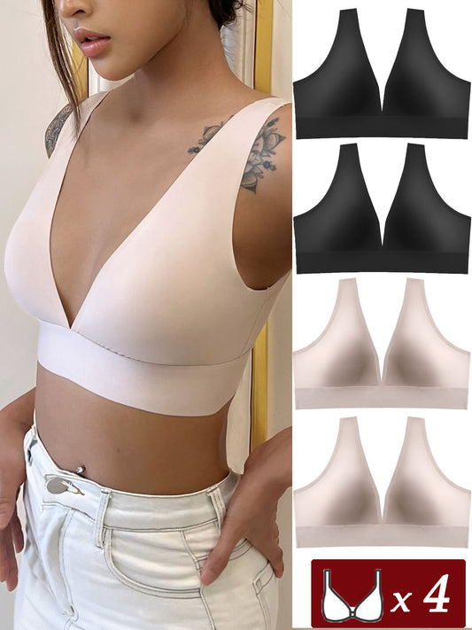 4pcs Women's Wireless Deep V Push-Up Bras - Removable Pads, Full Coverage, No Underwire, Multiple Colors