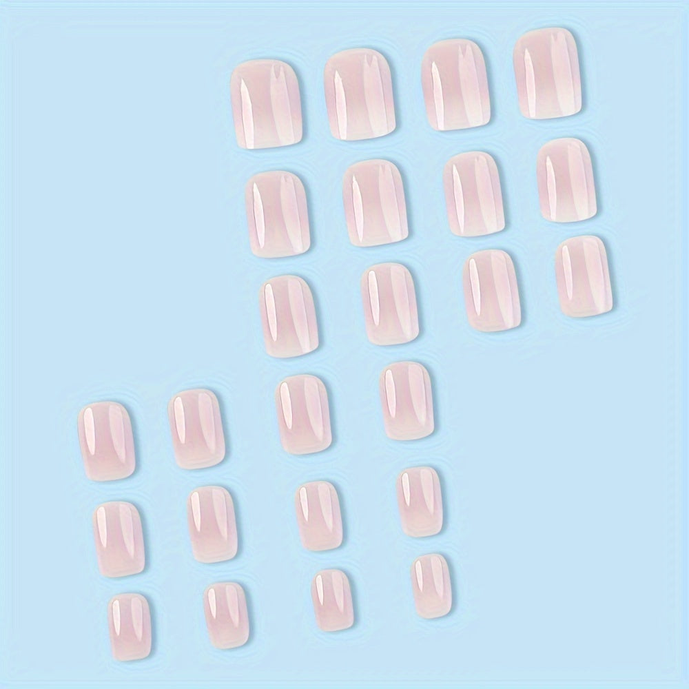 24 Pcs Gradient French Tips Press-On Nails, Glossy Short Squoval Acrylic Artificial Nails, Pink And White Reusable Fake Nails Set With Adhesive Tabs