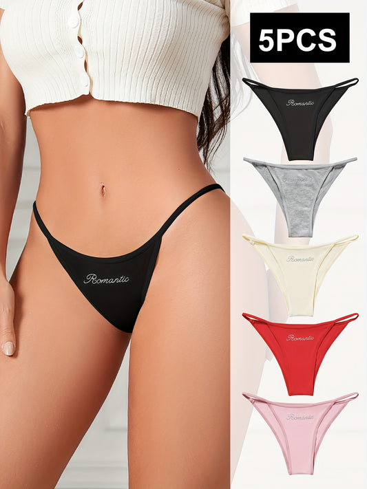 5-teiliges Set mit einfachen Slips mit niedriger Taille und Buchstabendruck, weiche und bequeme dehnbare Höschen, Dessous und Unterwäsche für Damen