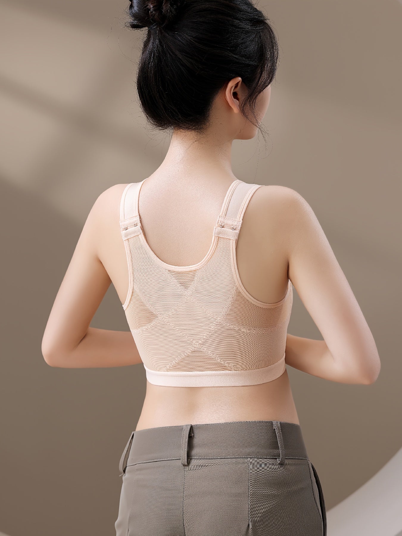 Damen-Sport-BH mit Frontverschluss und Kontrast-Netzstoff für postoperative Anwendungen (Dessous und Unterwäsche)
