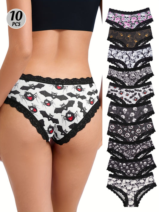 10pcs Women's Gothic Chic Low-Rise Bikini Panties - Sexy Lace Trim, Skull & Star Prints, Comfortable Hipster