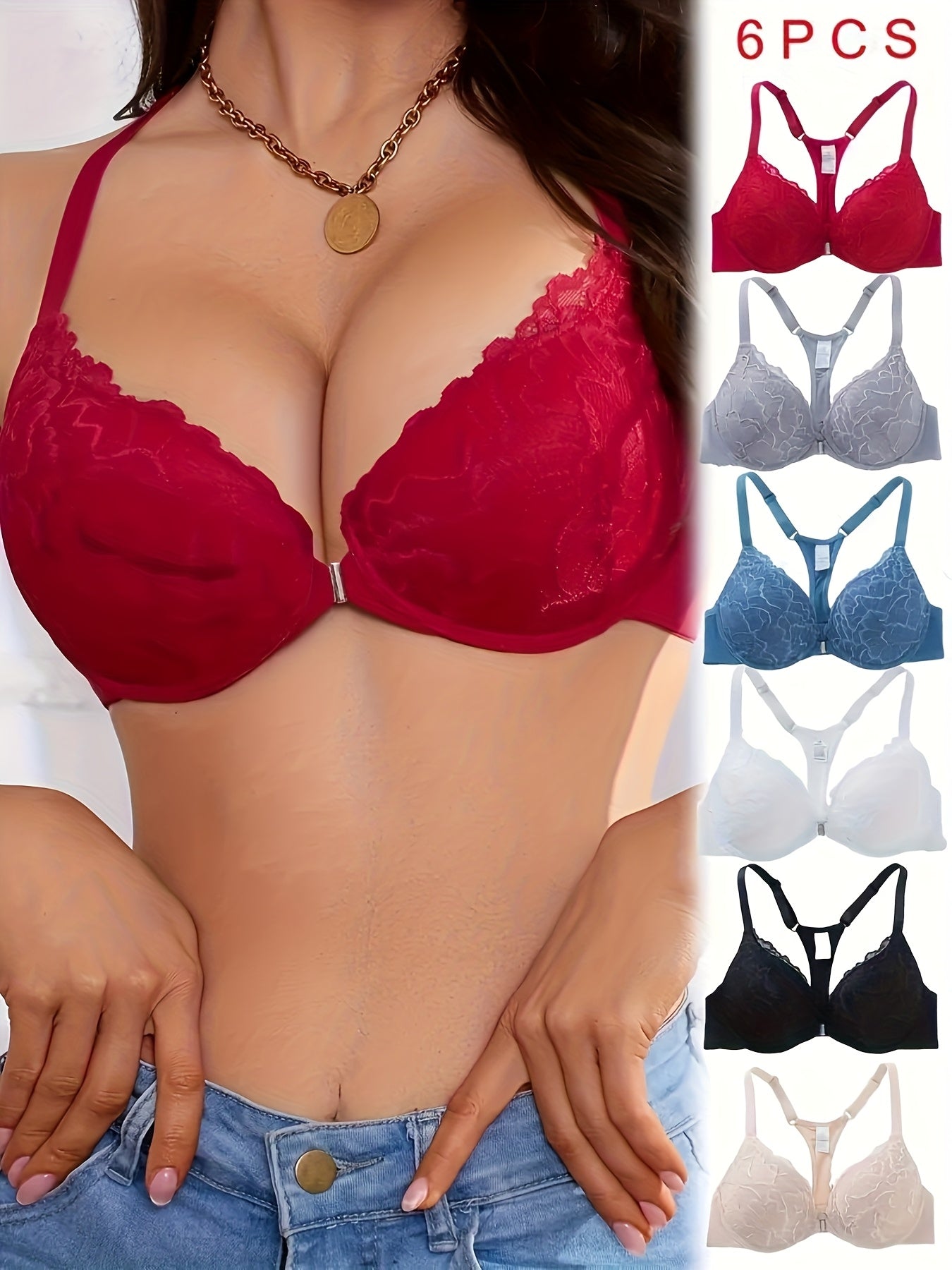 6PCS Front-Closure Underwire Push-Up Bra Set – Nylon Lace Gift Set
