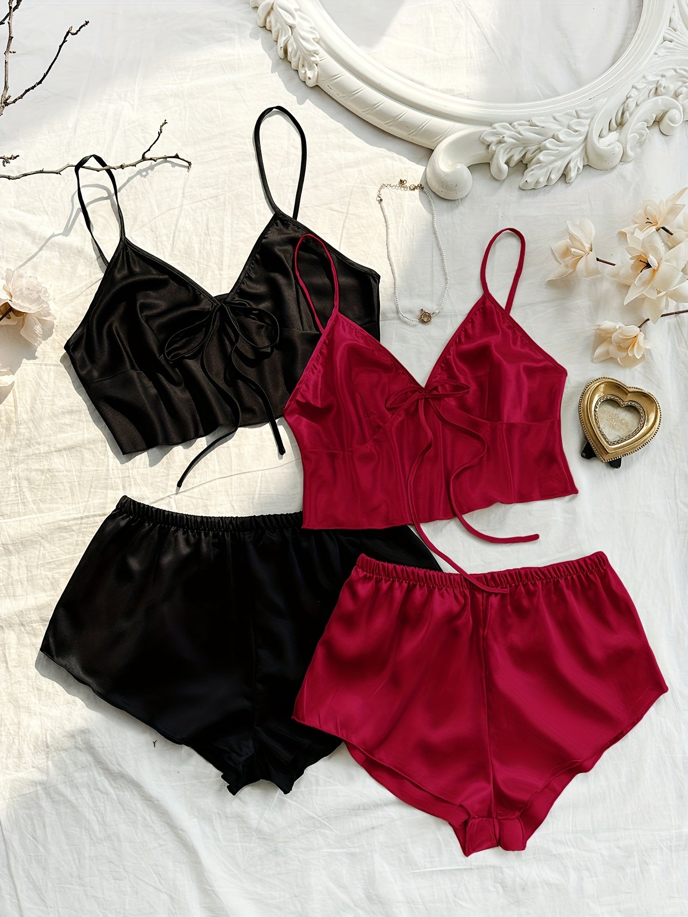 Stylish V-Neck Lace-Up Crop Top & Shorts Pajama Set - 4 Pcs Sleepwear for Women, Soft Polyester, Solid Color