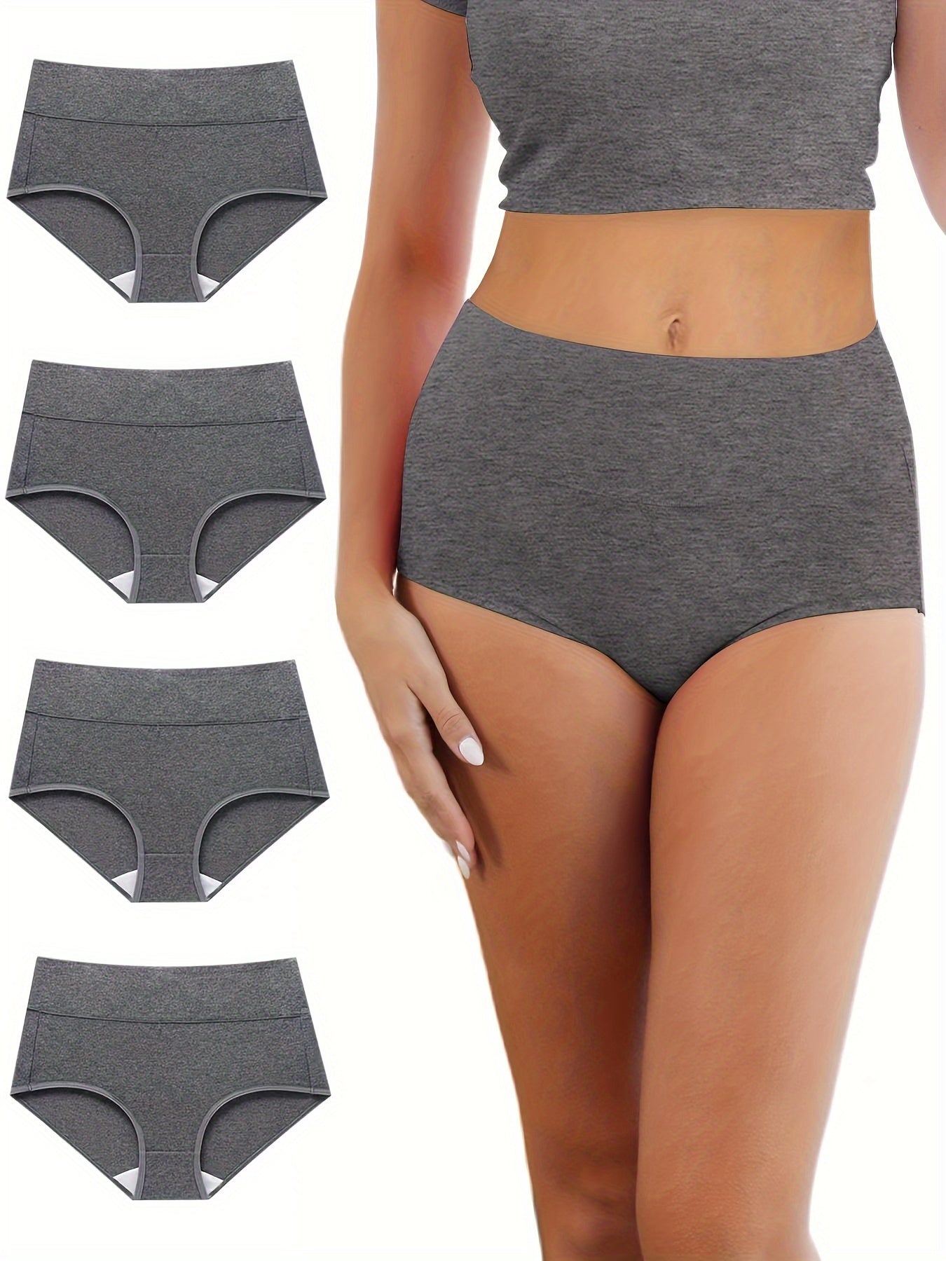 4-teiliges Damen-Höschenset in Übergröße – einfarbig, elastischer Bund, hohe Taille und atmungsaktive Unterwäsche