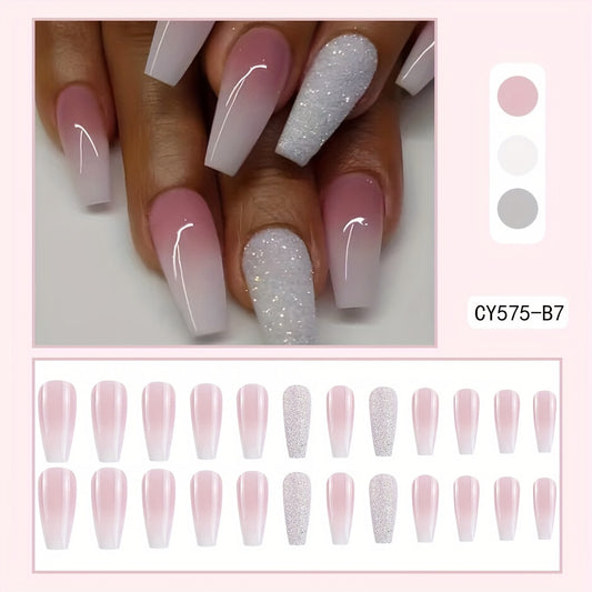 24 Pcs Glossy Long Coffin Press-On Nails - Gradient Pinkish & White French Style, Glitter, Reusable
