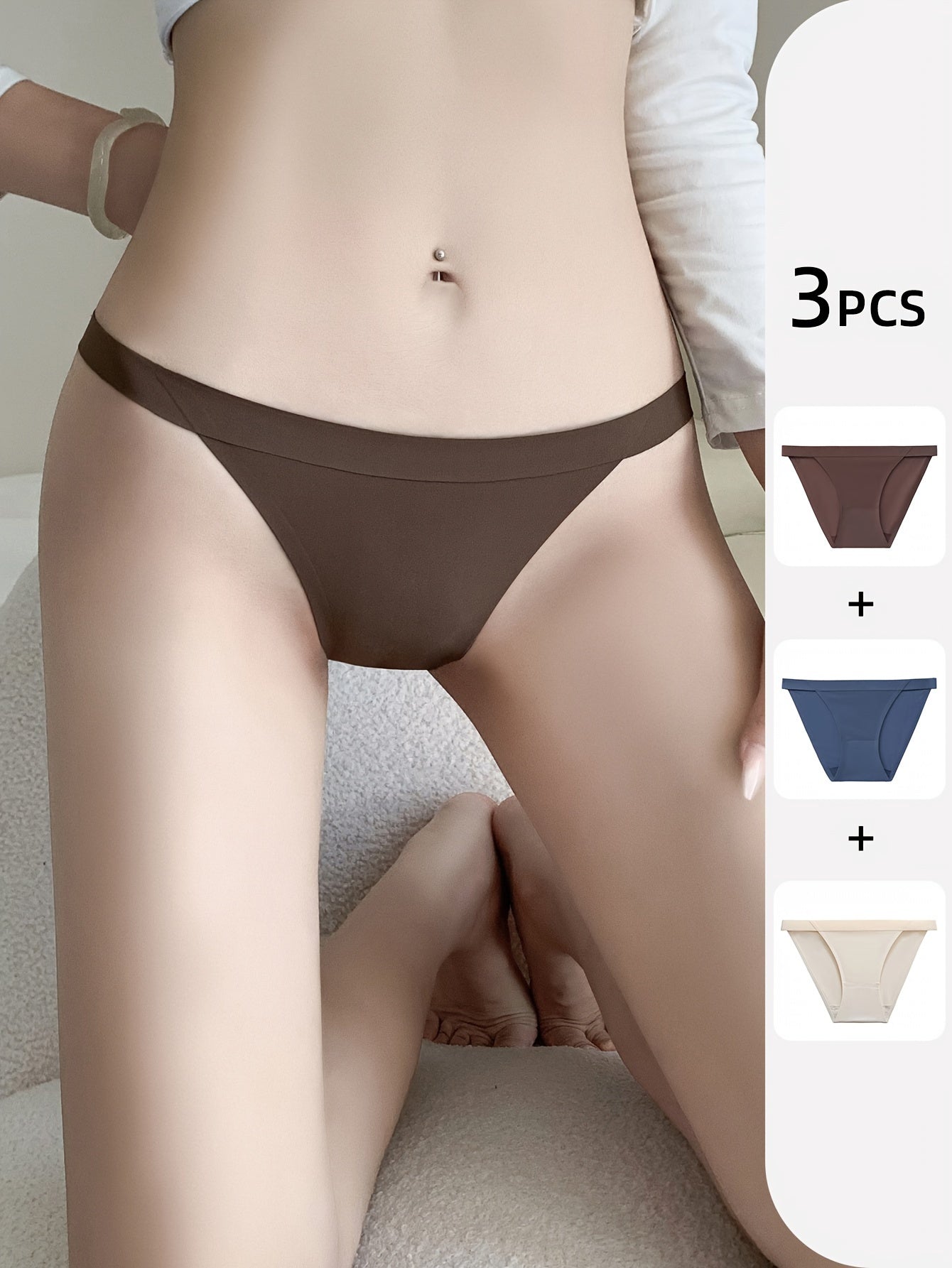 3pcs Seamless Solid Briefs, Comfy & Breathable Stretchy Intimates Panties, Women's Lingerie & Underwear