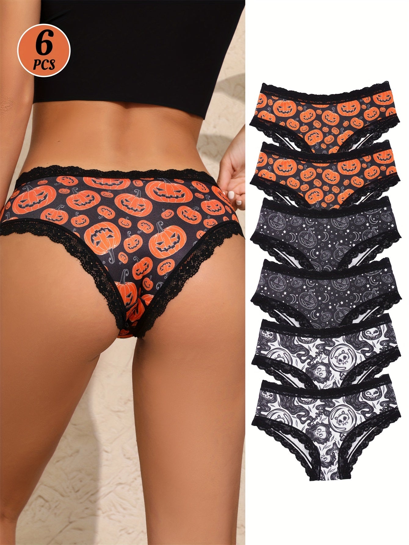 Braguitas hipster de Halloween Dircho para mujer (paquete de 6) - Mezcla de poliéster sexy de tiro bajo con estampado gótico