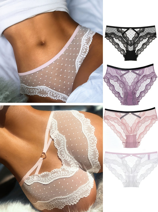 4pcs Women's Sexy Lace Briefs with Heart Design - Polka Dot Low-Rise Invisible Underwear