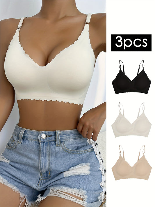 3pcs Wavy Trim Seamless Bralettes, Comfortable & Breathable Wireless Intimates Bras, Women's Lingerie & Underwear