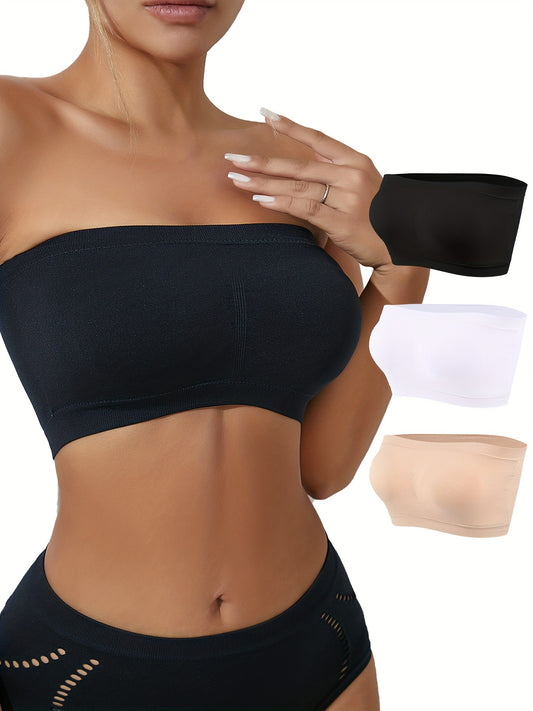 3 Pcs Comfortable Double-layer Extended Size Shoulderless Strapless Bra, Slightly Breast Wrap Detachable Chest Pad Bra, Women's Lingerie & Underwear
