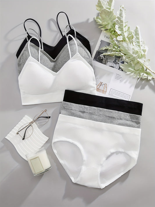 3 Sets Women's Solid Ribbed Push Up Bra & Elastic Panties Lingerie Underwear Set