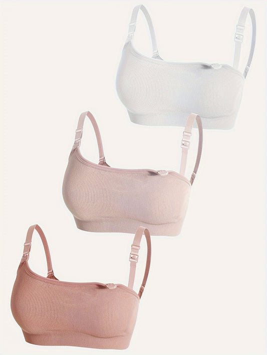 3 Pcs Pregnant Women's Nursing Bras Solid, Supportive Breastfeeding Comfy Maternity Bra For Daily Comfort Open Front Button Maternity Nursing Bra
